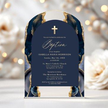 navy blue gold agate baptism modern elegant acrylic invitations