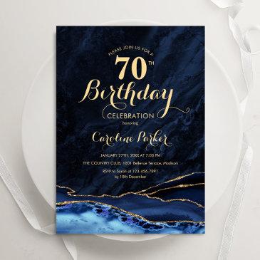 navy blue gold agate marble 70th birthday invitation