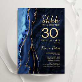 Small Navy Blue Gold Agate Surprise 30th Birthday Invitation Front View