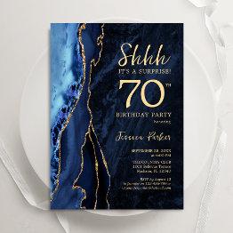 Small Navy Blue Gold Agate Surprise 70th Birthday Invitation Front View
