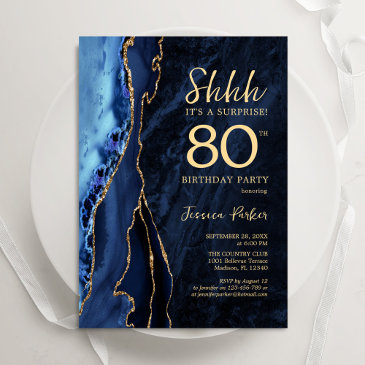 navy blue gold agate surprise 80th birthday invitation