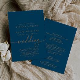 Small Navy Blue Gold Classic Front & Back Wedding Invitation Front View