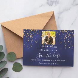 Small Navy Blue Gold Confetti Photo Birthday Save The Date Front View