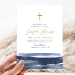 Small Navy Blue Gold Cross Boys Baptism Christening  Invitation Front View
