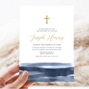 navy blue gold cross boys baptism christening  invitation