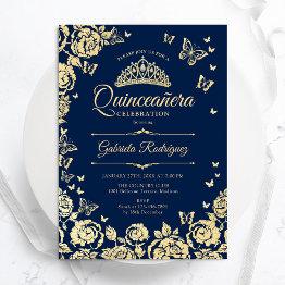 Small Navy Blue Gold Roses Butterflies Quinceanera Invitation Front View