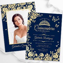 Small Navy Blue Gold Roses Butterflies Quinceanera Photo Invitation Front View