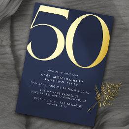 Small Navy Blue & Gold | Simple Modern 50th Birthday Foil Invitation Front View