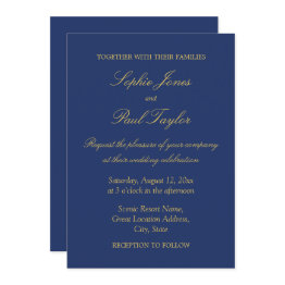 Small Navy Blue Golden Beige Elegant Wedding Invitation Front View