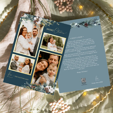 navy blue greenery vintage four photo collage foil holiday invitations