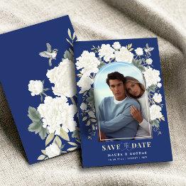 Small Navy Blue Ivory Chinoiserie Floral Save The Date Invitation Front View