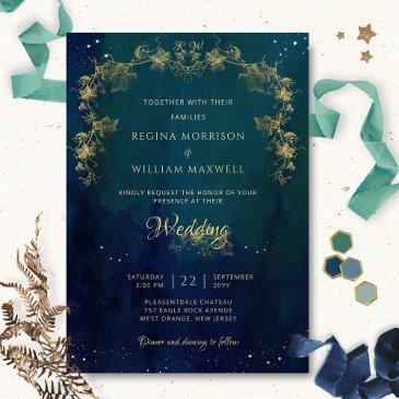 navy blue mid summer night dream celestial wedding invitation