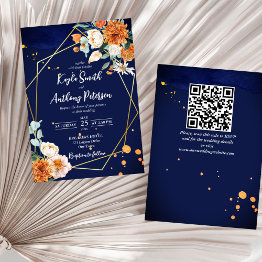 Small Navy Blue Orange White Roses Wedding Invite Front View