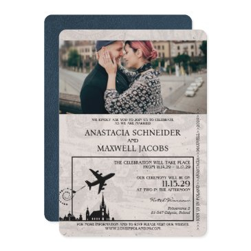 navy blue poland passport wedding invitation