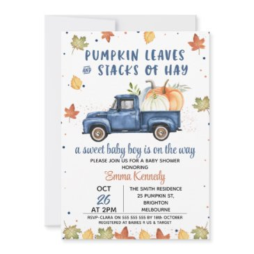 navy blue pumpkin truck fall baby shower invitation