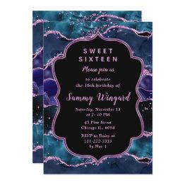 Small Navy Blue Purple Glitter Ocean Agate Sweet Sixteen Invitation Front View