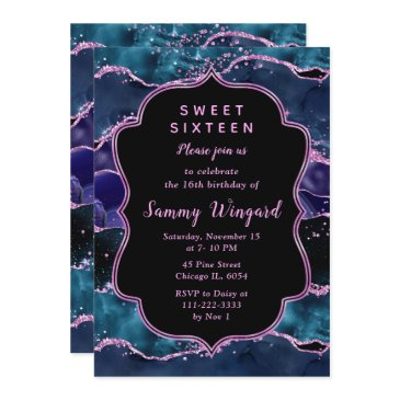 navy blue purple glitter ocean agate sweet sixteen invitation