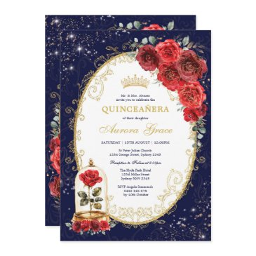 navy blue quinceañera enchanted red roses party invitation