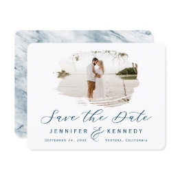 Small Navy Blue Romantic Brushed Frame With Photo Save The Date Front View