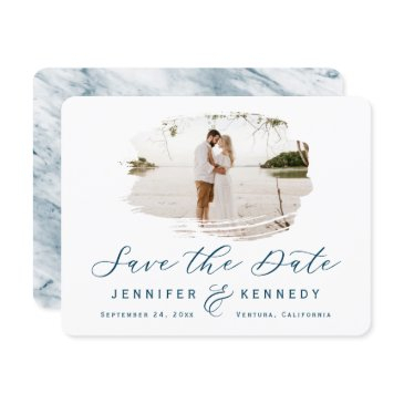 navy blue romantic brushed frame with photo save the date