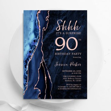 navy blue rose gold agate surprise 90th birthday invitation