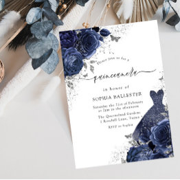 Small Navy Blue Roses & Dress Silver Quinceanera Party Invitation Front View