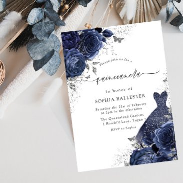 navy blue roses & dress silver quinceanera party invitation
