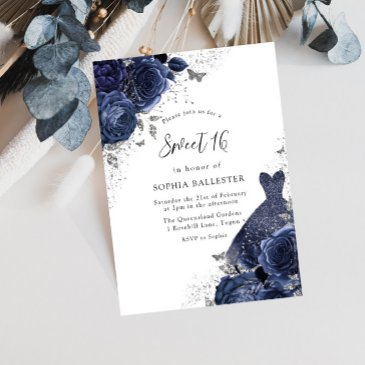navy blue roses & dress silver sweet 16 party invitation