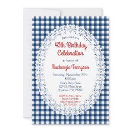 Small Navy Blue Rustic Gingham Birthday Party Invitation Front View