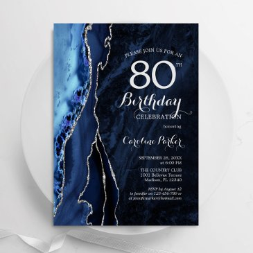 navy blue silver agate 80th birthday invitation