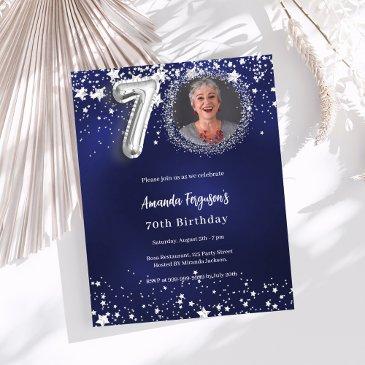 navy blue silver photo 70th birthday invitation
