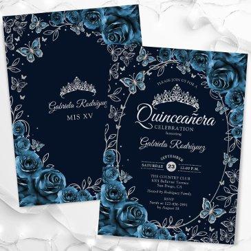 navy blue silver quinceanera invitation