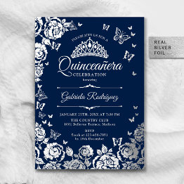 Small Navy Blue Silver Roses Quinceanera Rsvp Qr Code Foil Invitation Front View