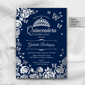 navy blue silver roses quinceanera rsvp qr code foil invitation