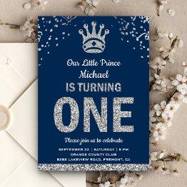 Small Navy Blue Silver Royal Prince First Birthday Invitation Front View