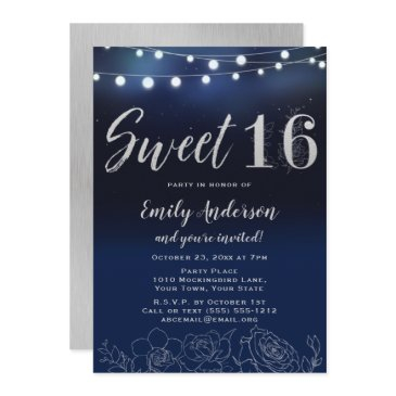 navy blue silver string lights floral sweet 16 invitation