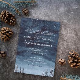 Small Navy Blue Snowy Winter Wonderland Formal Wedding Invitation Front View