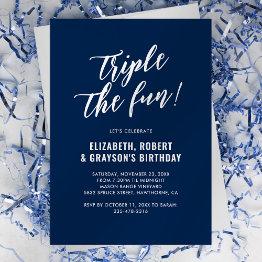 Small Navy Blue Triple The Fun Joint Birthday Party Invitation Front View