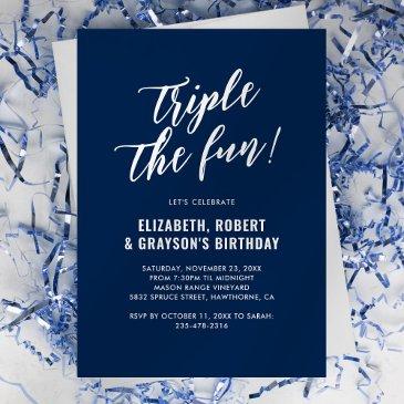 navy blue triple the fun joint birthday party invitation