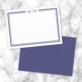 Small Navy Blue Two Border Minimalist Monogram Note Invitations Front View