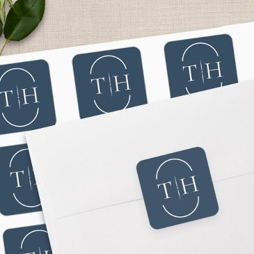 navy blue wedding monogram in oval frame square sticker