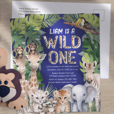 navy blue wild one, jungle animals 1st birthday invitation postinvitations