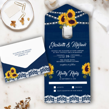 navy blue wood lace sunflowers mason jar wedding all in one invitation