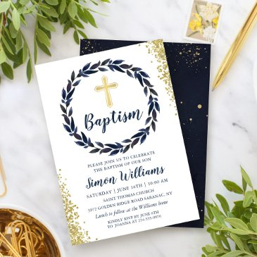 navy blue wreath gold glitter boy baptism invitation