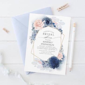 navy blush dusty blue floral modern bridal shower invitation