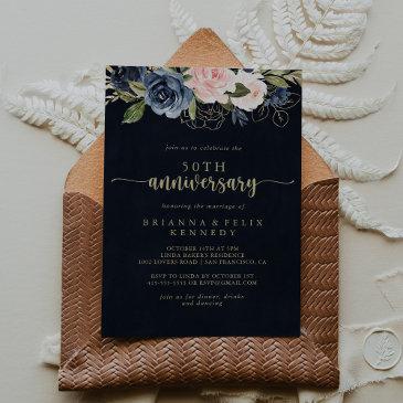 navy blush floral gold 50th wedding anniversary invitation