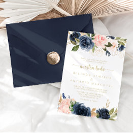 Small Navy Blush Floral Gold Nuestra Boda Wedding Invitation Front View