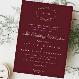 Small Navy Burgundy Romantic Classic Monogram Wedding Foil Invitation Front View