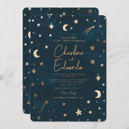 Small Navy Celestial Gold Stars Moon Astronomy Wedding Invitation Front View