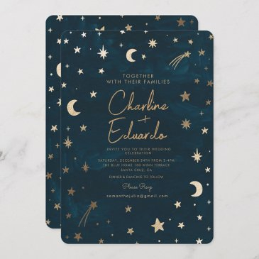 navy celestial gold stars moon astronomy wedding invitation